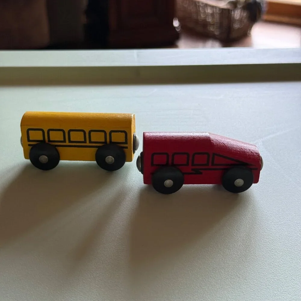 IKEA Wooden Toy Vehicles Set Of 2 Yellow Bus & Red Lightning Car Rolling Wheels